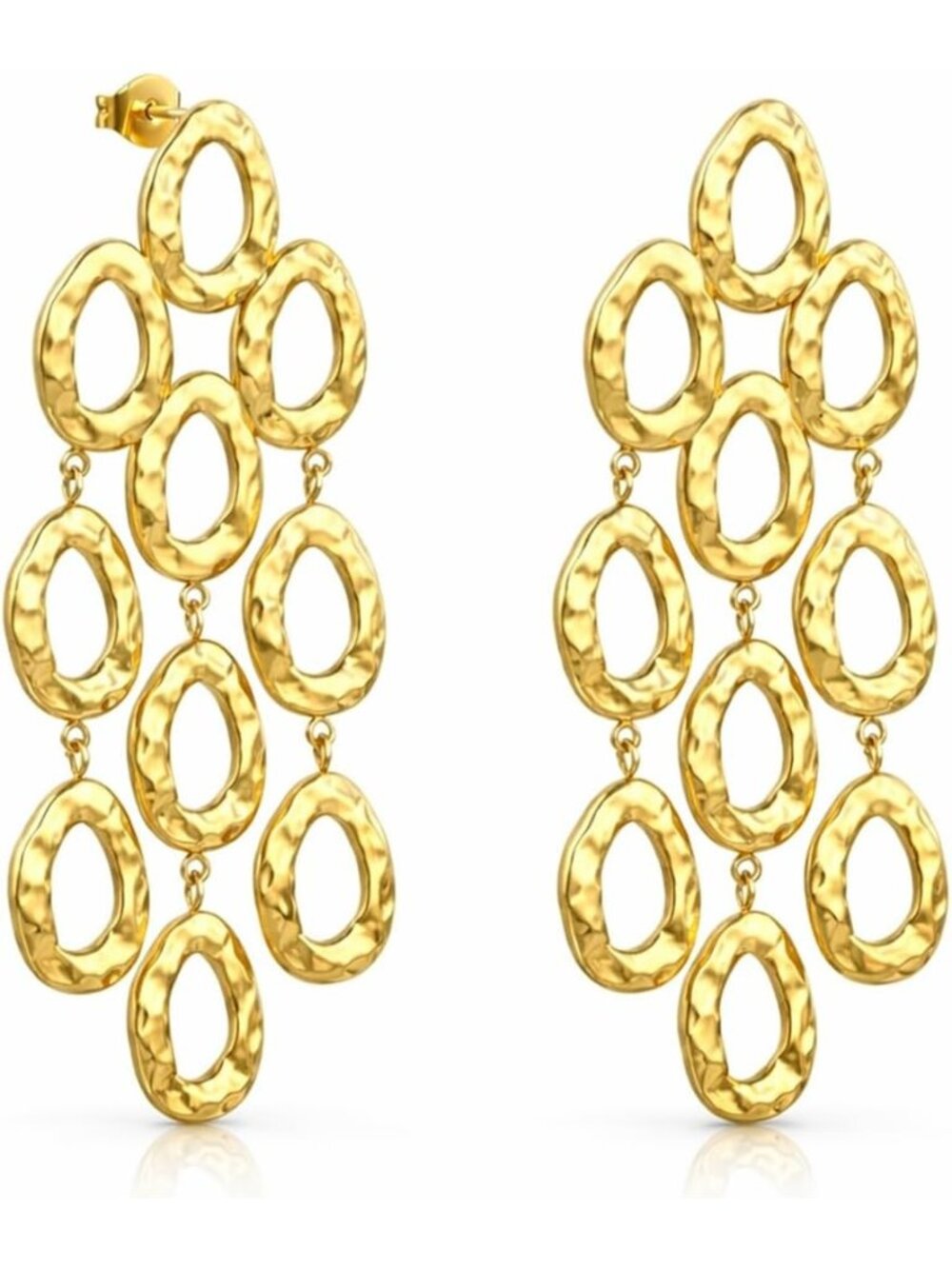 Women's Gold 18k Gold Plated Statement Hammered Chandelier Long Oval Earrings